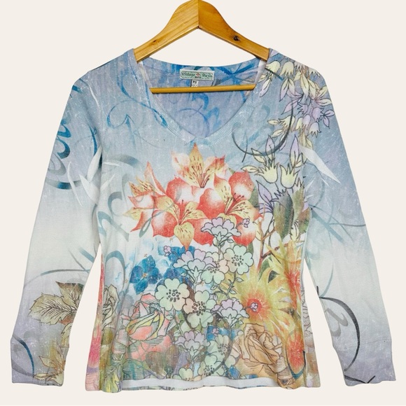 Vintage Tops - Suzie Y2K V Neck Floral Thermal Knit Long Sleeve Tattoo Second Skin Graphic Tee